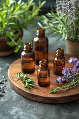 vials of essential oils and herbs on the table . The concept of health