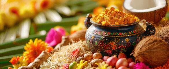 A close-up of a Pongal pot decorated with turmeric roots and a colorful swatch of fabric, sits amidst offerings of sugarcane, coconut, and fresh harvest vegetables, harvest celebration.
