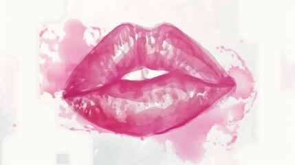 pink kiss mark lips on white background,water color - obrazy, fototapety, plakaty