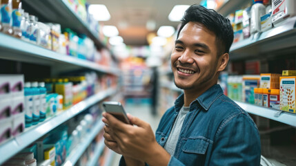 Young man holding a smartphone, standing in a pharmacy aisle