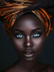 Intense gaze of an African woman with traditional headscarf and makeup.