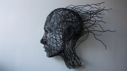 Wireframe sculpture of a human head and shoulders, casting complex, tangled shadows on a lilac-colored wall.