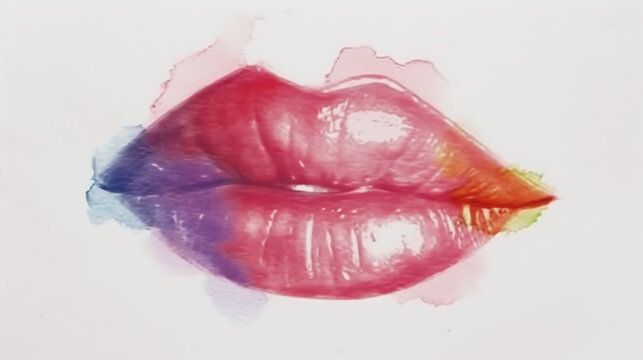 pride rainbow kiss mark lips on white background,water color