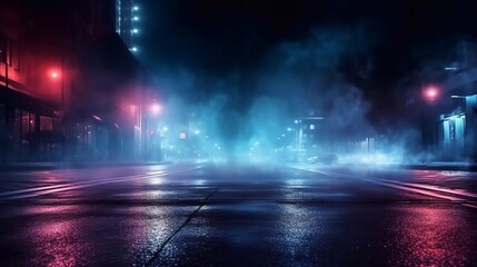 Dark empty space, blue and red neon spotlight, wet asphalt, smoke, night view street, rays. Abstract dark texture of an empty background with copy space mock up design - obrazy, fototapety, plakaty