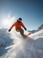 Fototapeta na wymiar Young man in sportswear sliding on snowboard over snowy mountains. Concept of winter activity, extreme sport, action, motion, free ride