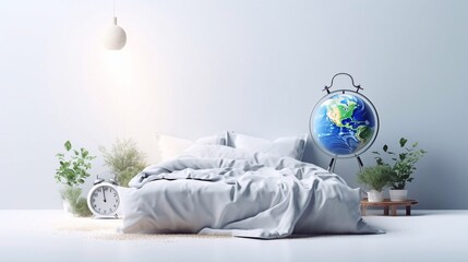 World Sleep Day illustration sleeping planet earth and moon on empty white background with a lot of free copy space