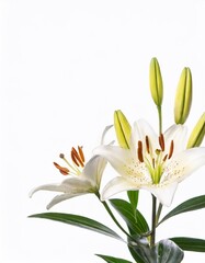 White lily flowers isolated on white background with copy space for text