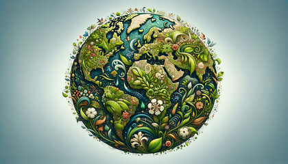An intricate illustration of a world globe made of diverse flora and fauna, with a rich ecosystem depicted in a vibrant and detailed artistic style.Earth day concept. AI generated. - obrazy, fototapety, plakaty
