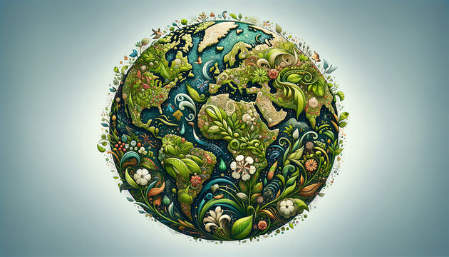 An intricate illustration of a world globe made of diverse flora and fauna, with a rich ecosystem depicted in a vibrant and detailed artistic style.Earth day concept. AI generated.