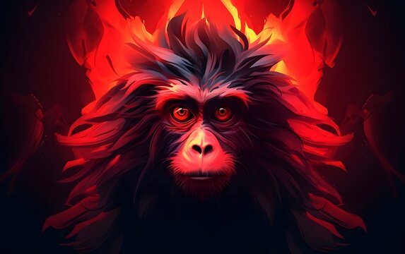 Vector Watercolor 3D Rendering of monkey. abstract illustration of shadows Red neon lighting