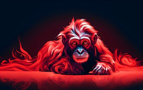 Vector Watercolor 3D Rendering of monkey. abstract illustration of shadows Red neon lighting
