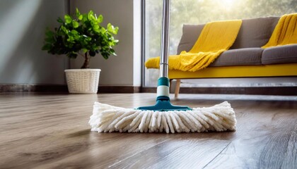 Cleaning the wooden floor with a mop in the living room