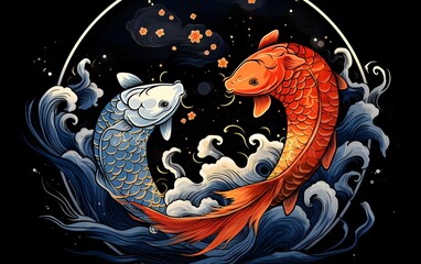 Very beautiful illustration of koi fish, yin yang

 - obrazy, fototapety, plakaty