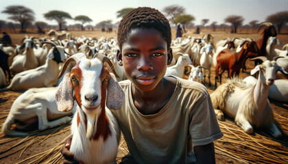 A Botswana Herd boy with one of the goats that he is taking care of.Small-stock in Botswana are mostly commonly managed in communal grazing areas, where fencing is not permitted   - obrazy, fototapety, plakaty