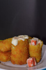 Risol Mayo crab, Risoles Mayonaise, Small patty Rolled with mayonaise and crab stick Inside, Deep fried with Bread Crumb Coating.