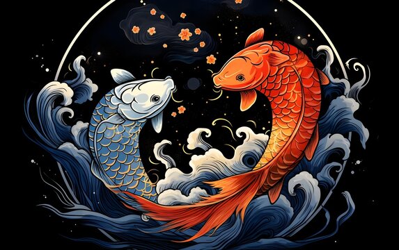 Very beautiful illustration of koi fish, yin yang

