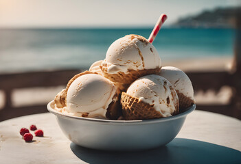 Dessert . Ice cream in a restaurant against the backdrop of the Mediterranean Sea