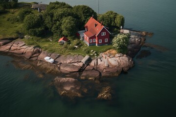 Naklejka premium Drone view of red cottage coastal building. Countryside home on maritime seashore area. Generate ai
