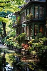 Fototapeta premium Traditional Japanese house by a calm pond surrounded by lush greenery in tranquil light