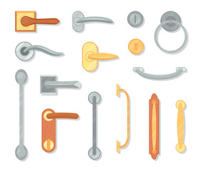 Cartoon door knobs. Isolated flat knob and doors handles. Doorknob and lock, decorative icons. Safety home or office, safe decent vector elements