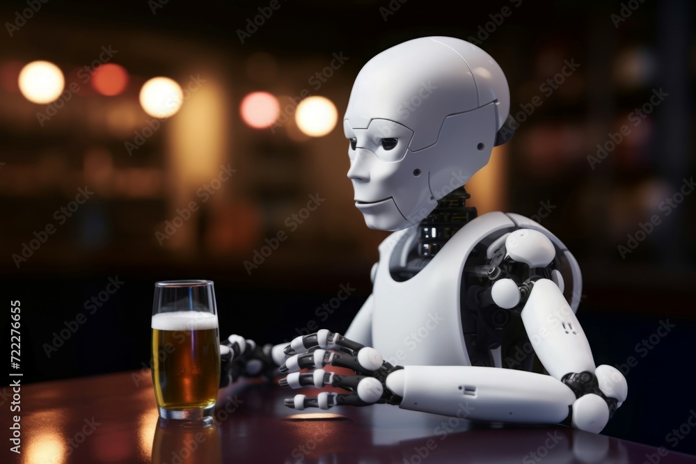 Aufkleber android robot drinks beer. modern and multifunctional technology with human behavior. generate ai