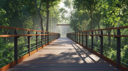 Modern footbridge throught forest