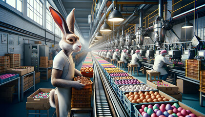 A rabbit involved in Easter egg packing in a factory line - obrazy, fototapety, plakaty