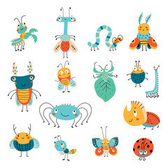 Cute insects doodle style. Isolated beetle and worm, snail and caterpillar. Abstract butterfly and spider. Funny children nowaday vector characters