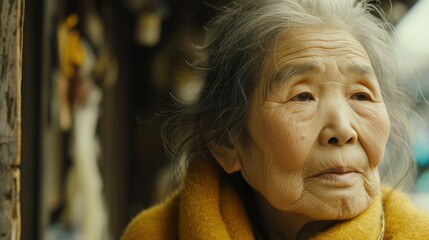 Old Asian woman looking at something