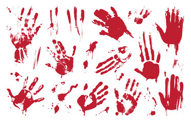 Blood handprints. Stains of bloods, bloody fingerprints and palm prints. Horror or vampire bite. Criminal scene isolated elements, neoteric vector clipart