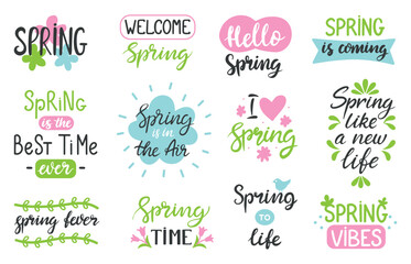 Fototapeta premium Spring lettering. Seasonal calligraphy quotes for postcards, posters and ad flyers. Handwritten phrases for prints, springtime neoteric vector set