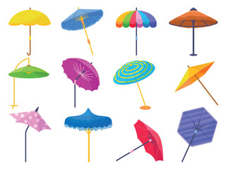 Obraz premium Beach umbrellas. Isolated cartoon parasols, umbrella with stripes and dots. Outdoor sun protective accessories, beach rest neoteric vector elements