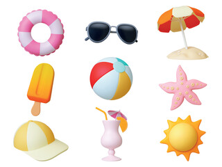 Travel beach 3d render icons. Summer realistic elements, isolated ice cream, cocktail and sun umbrella. Holidays on sea, star fish and ball, pithy vector set