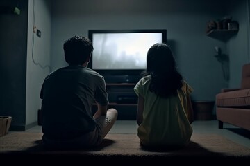 Back view teenage Indian girl and boy watching tv. Leisure movie time children room. Generate ai