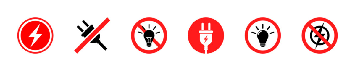 Set of no electricity vector icons. Red prohibited or forbidden signs with electric plug or light bulb. Vector 10 Eps. - obrazy, fototapety, plakaty