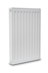 White heating radiator for the wall. Beautiful and modern minimalist design. Advertising concept....