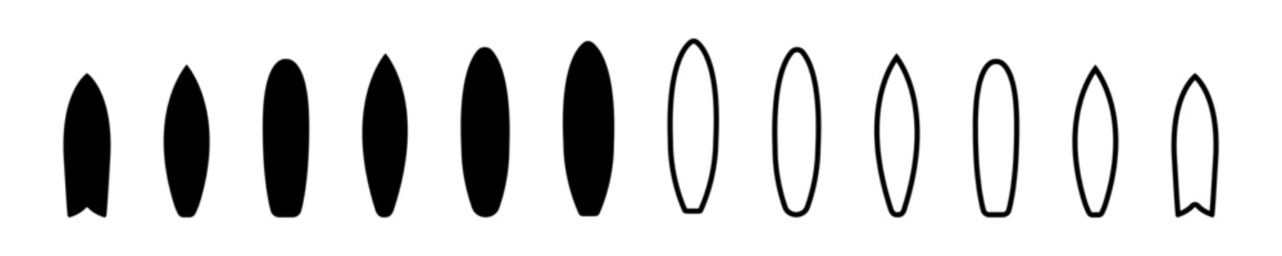 Set of surfboard vector icons. Black silhouette of types surfboard. Outline icon.