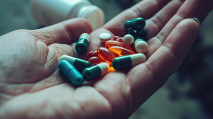 Close-up of a person's hand holding a variety of pills and capsules