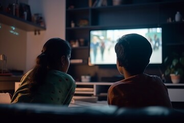 Back view teenage Indian girl and boy in front of television screen. Children siblings home cinema time. Generate ai - obrazy, fototapety, plakaty