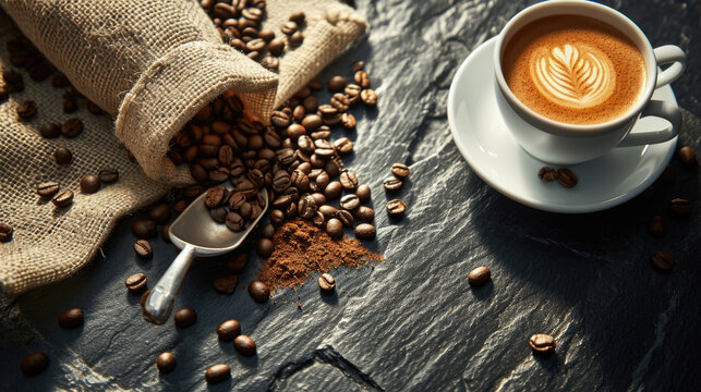 Close-up view of a freshly brewed cup of espresso with a creamy crema on top, accompanied by coffee beans spilling out from a burlap sack