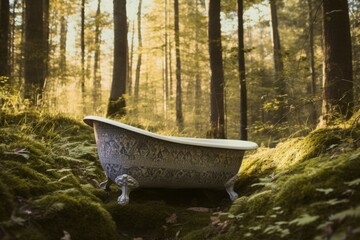 Old bathtub woodland. Beautiful ornament with white bath greenery forest. Generate AI
