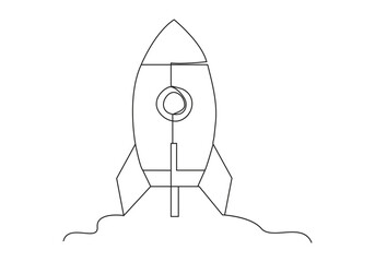 Rocket in Continuous one line drawing. Rocket spaceship launch line art vector illustration.
