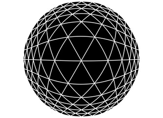 Black volumetric ball with thin white lines. Geometric pattern. Perspective, 3D shape. Retro mesh figure. Isometrics. On a white background