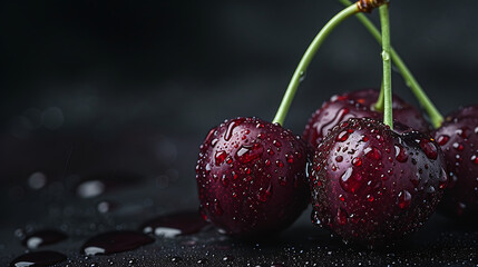 Water droplets on red cherries, black background, in the style of dark silver and dark maroon.
