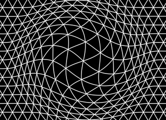 A grid of thin white lines on a black background. Volumetric ball. Geometric pattern. Perspective, 3D form. Retro mesh figure