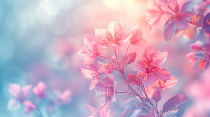 Pink and Blue Floral Background with Copy Space. Spring and Summer Flowers Bokeh Effect.