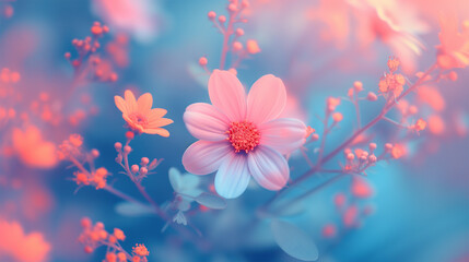 Pink and Blue Floral Background with Copy Space. Spring and Summer Flowers.