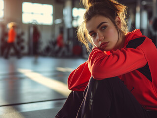 Young Woman in a Red Sportswear Sits on the Gym Floor, Resting Between Workout Excersises.