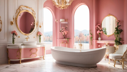 pink classic bathroom with a large window and a beautiful view of nature
