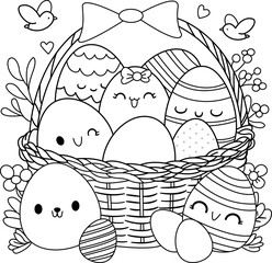 easter eggs in a basket and flower outline coloring page for printable